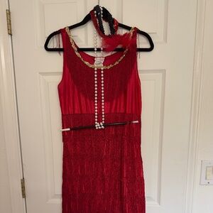 Red 1920s Flapper Fringe Dress Costume Set • With Accessories SZ 10/12